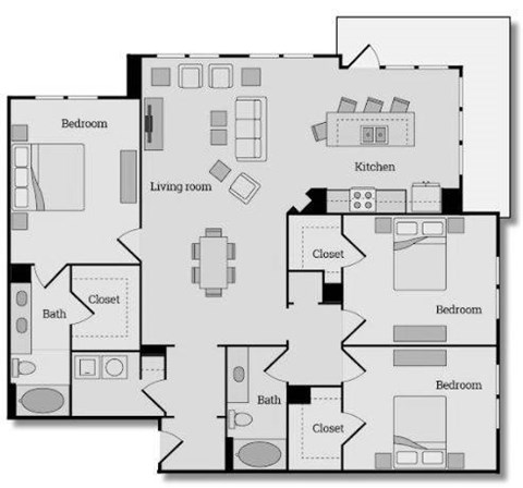 Floor plan for 3 beds, 2 baths, 1642 sqft